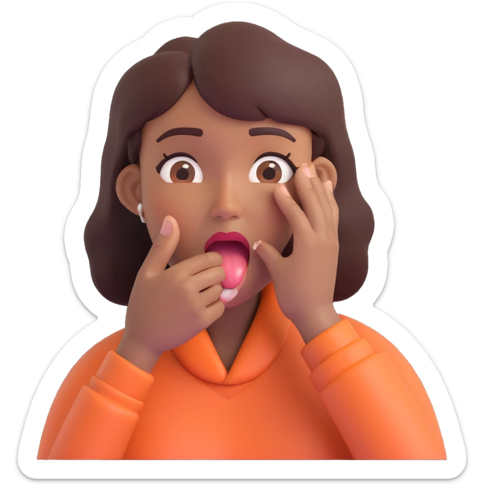 emoji of a woman with medium-dark skin tone, one hand grabbing her own throat, distressed expression, tongue out sticker