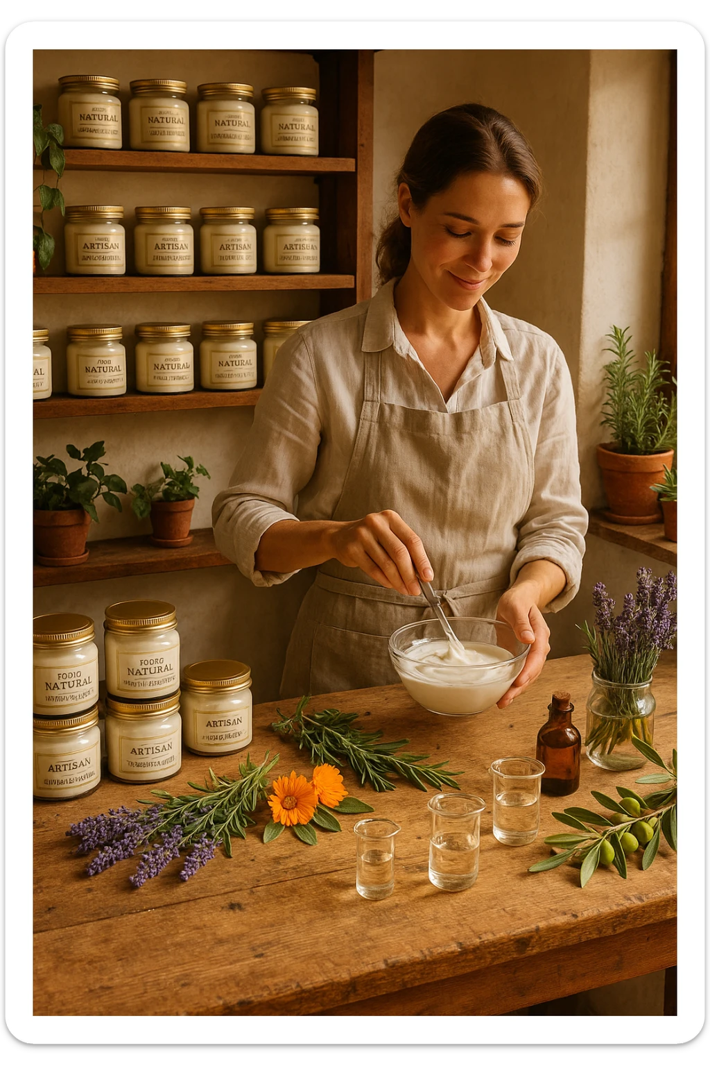 A realistic, high-quality photo of a small artisan skincare laboratory in Italy, with wooden shelves displaying beautifully packaged glass jars of natural creams made with herbal and botanical extracts, olive oil, and essential oils, clearly labeled ‘100% Natural’ and ‘Artisan Made in Italy’. The scene includes a bright, sunlit rustic workspace with plants, fresh lavender, rosemary, calendula flowers, and olive branches on the wooden counter, symbolizing purity and nature. A female artisan in a linen apron is carefully mixing creams in a glass bowl, smiling softly. The environment feels warm, authentic, and eco-friendly, emphasizing the concept of handcrafted skincare without synthetic chemicals in italiano sticker