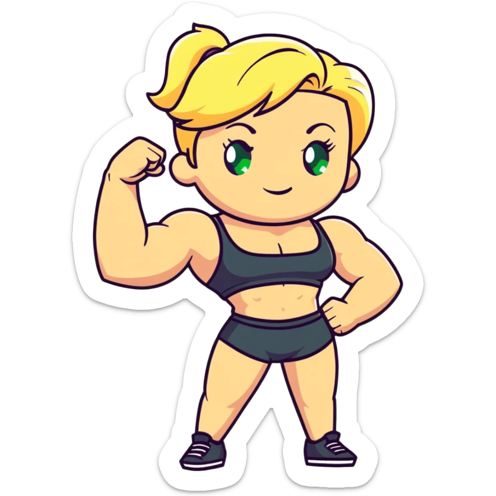 full body pose of a muscular white girl with blonde hair and green eyes, flexing 6 pack abs and one arm bicep sticker