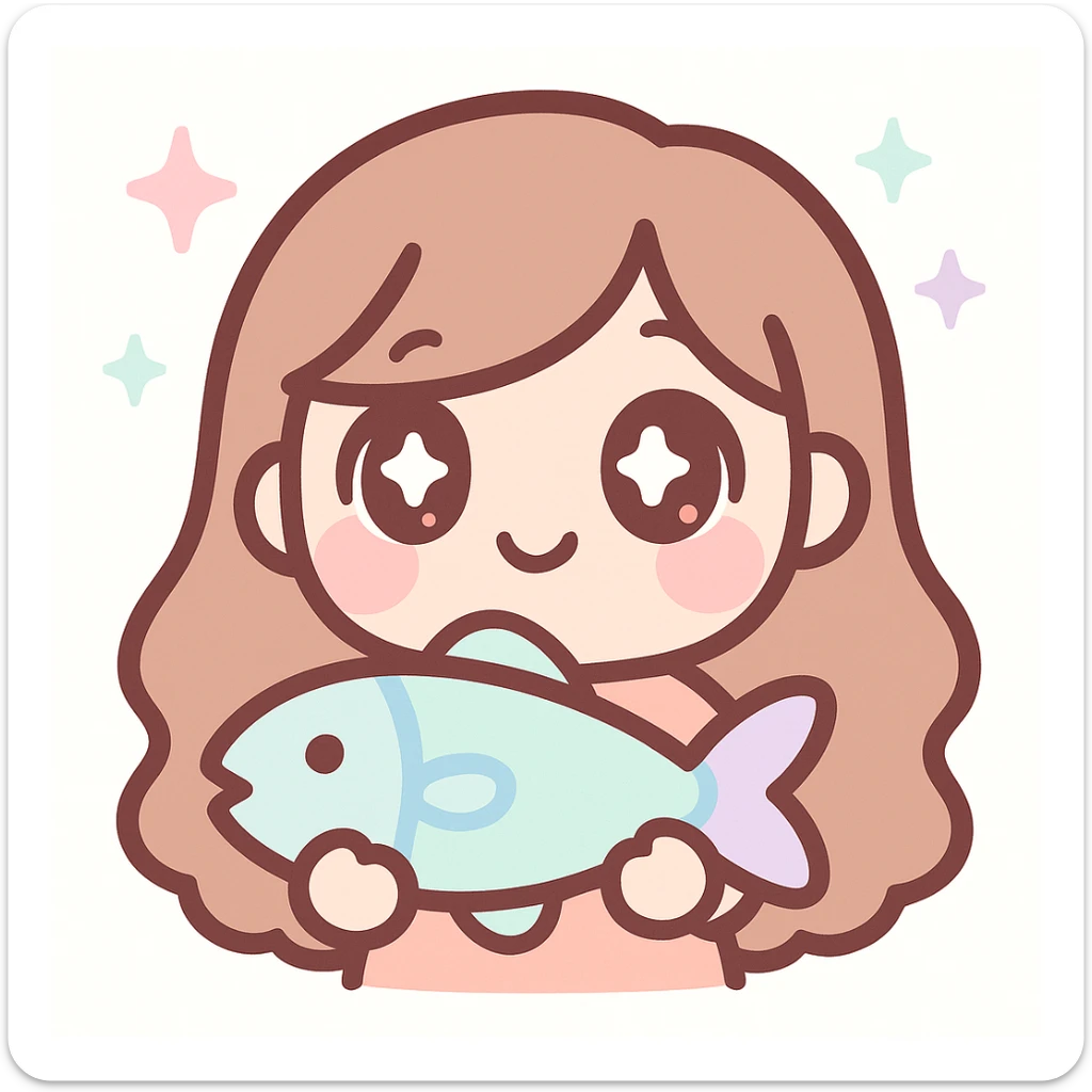 twitch emote of a cute cartoon girl with long brown hair holding a fish, digital art, pastel palette, sparkly eyes, kawaii style sticker