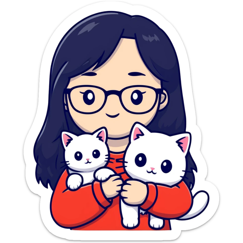Girl with long black hair and glasses holding a white kitten sticker