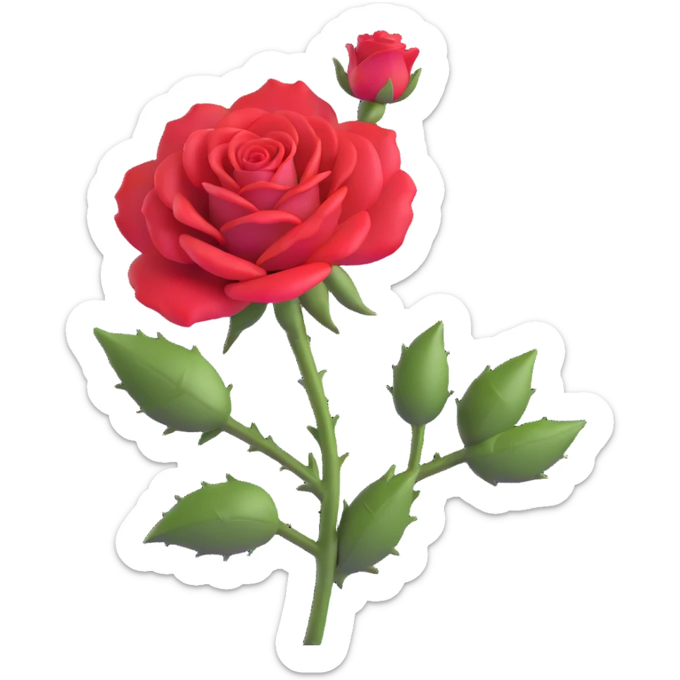 Elegant red rose flower with velvety petals and thorny stem sticker