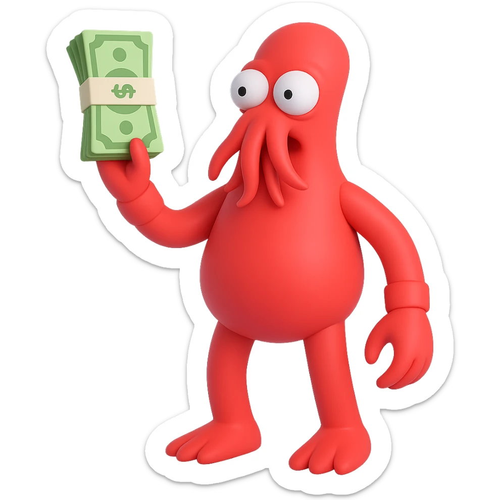 Full body 3D emoji style illustration of Zoidberg from Futurama holding up a stack of money, no background. Use 3D emoji style as the target style. sticker