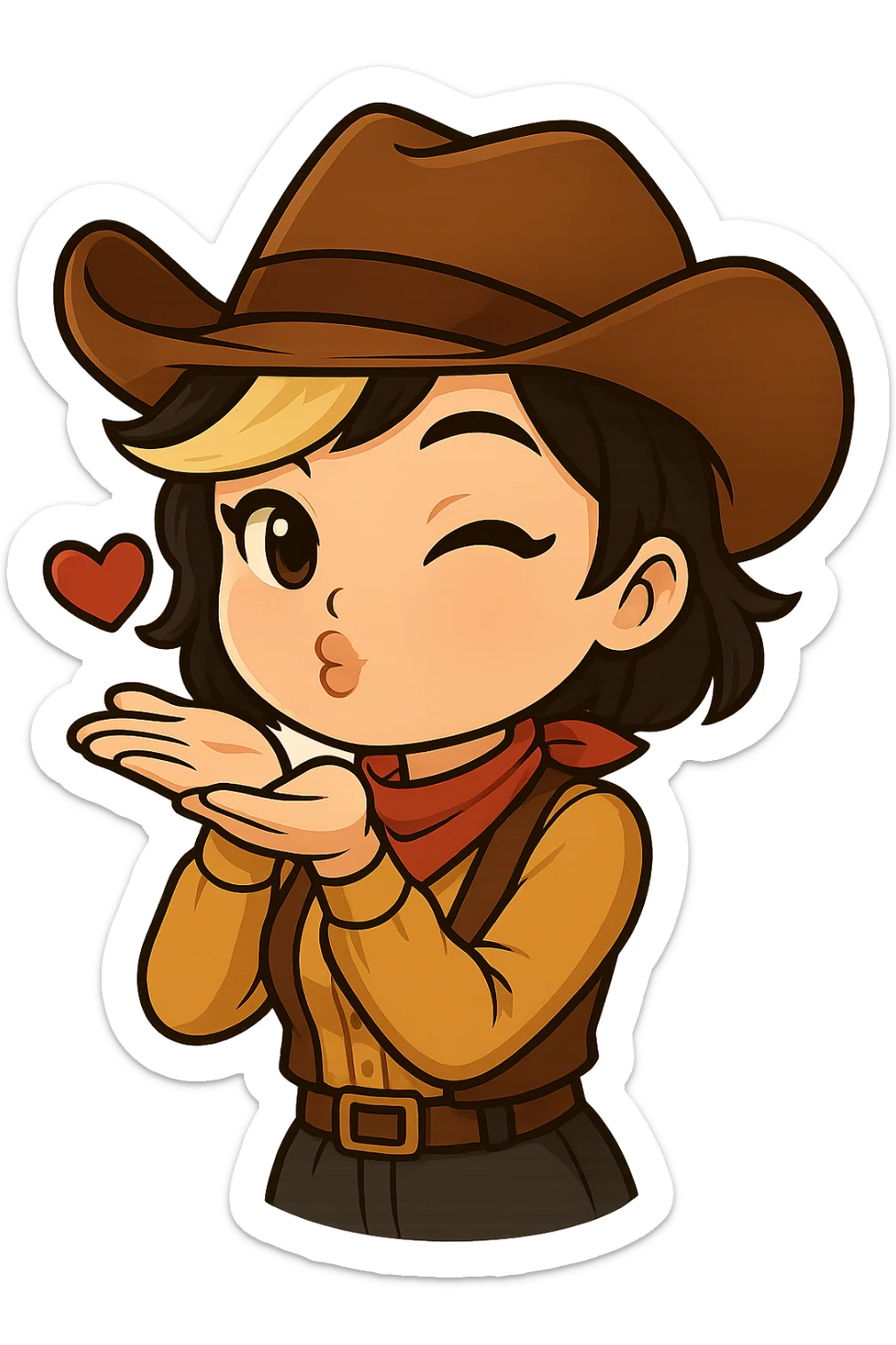 Sexy chibi cowgirl with short hair and a blonde streak, wearing a cowboy hat and western outfit, no guns. Pose: blowing a kiss with both hands, flirty expression, chibi/anime style, sized for Twitch or Discord use, transparent background. sticker