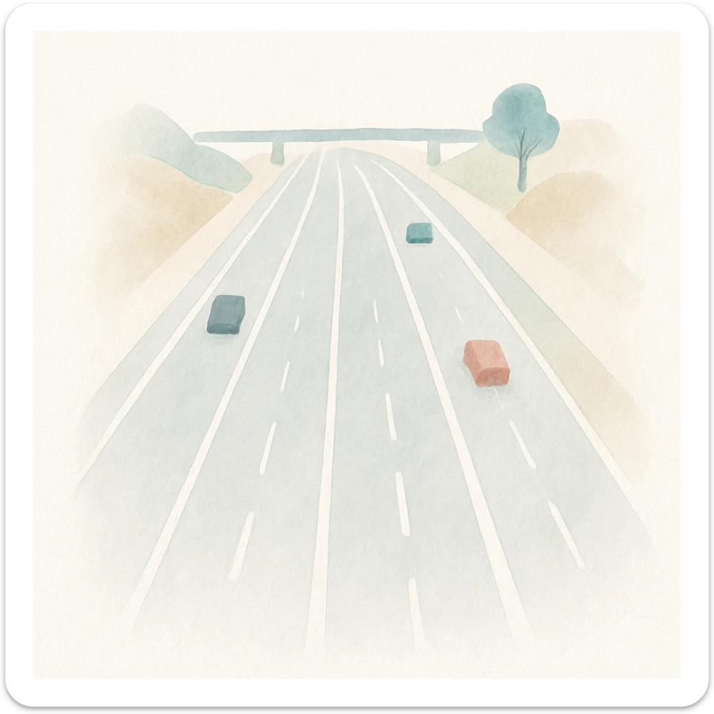 a modern expressway with multiple lanes, smooth asphalt, and clear lane markings, seen from above, watercolor art style sticker