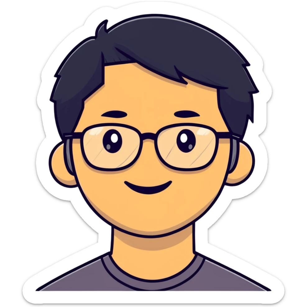 Asian man with short black hair, glasses, friendly smile, Josh Lim character sticker
