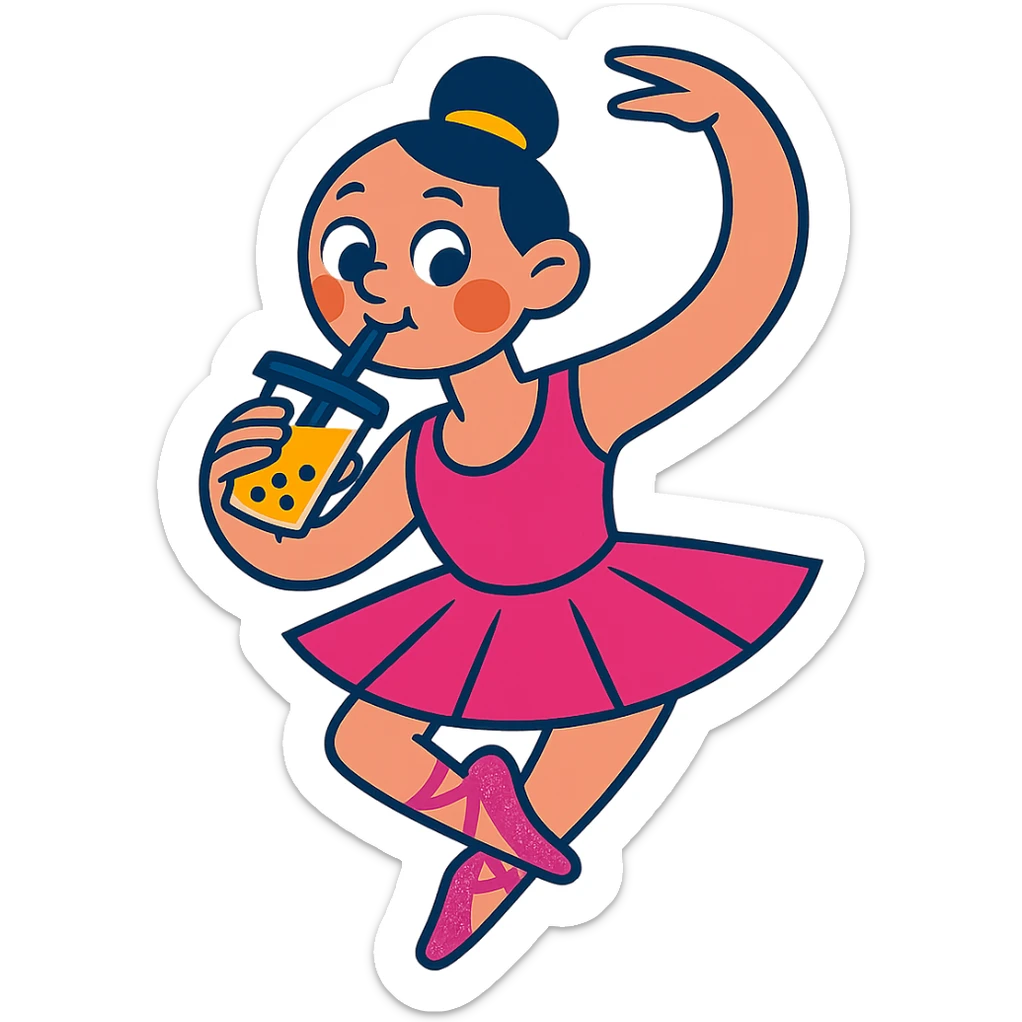 Add pink sparkly pointe shoes to the ballerina, keep the vibrant toon style, with no background. sticker