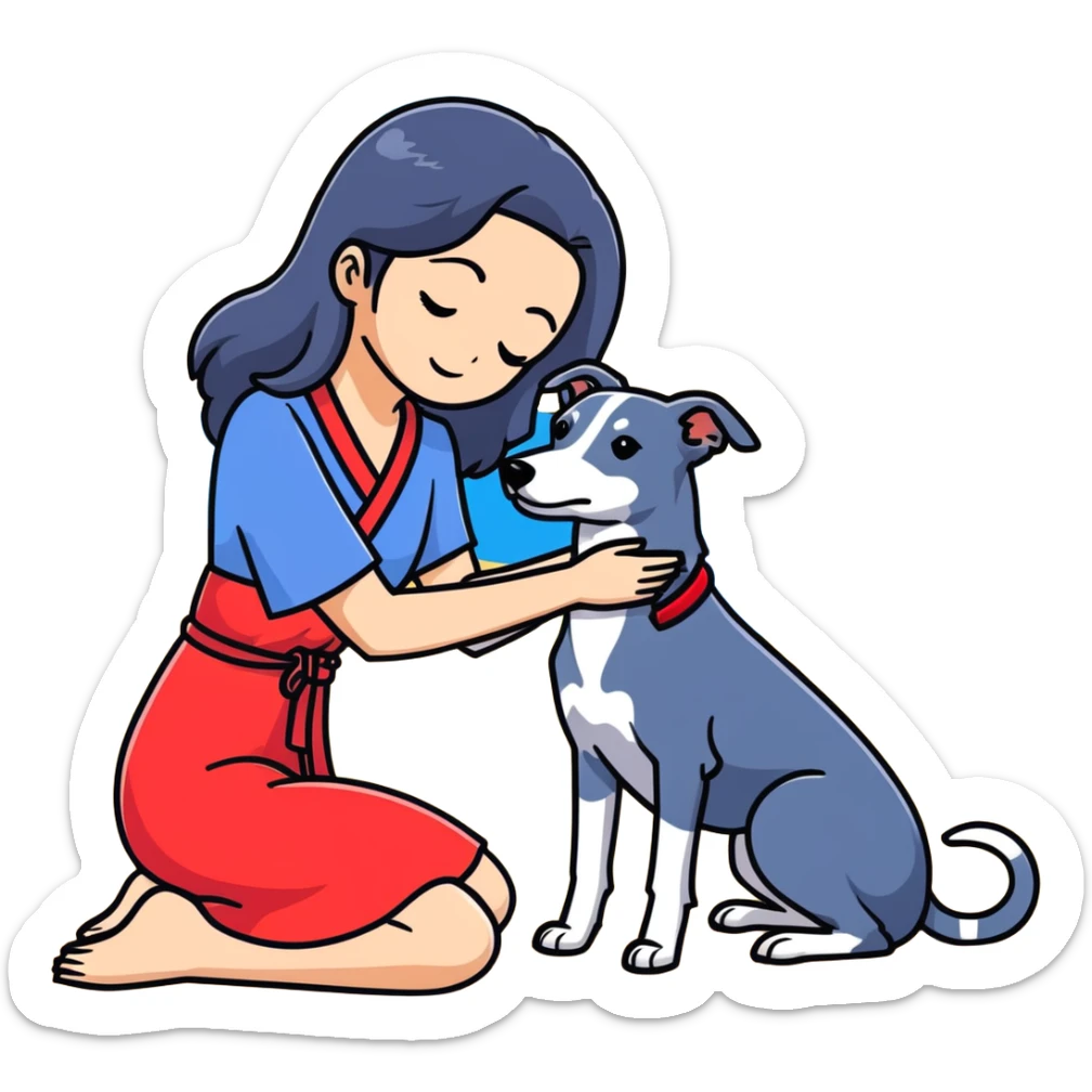 Only ONE beautiful 25-year-old Japanese woman with long flowing black hair wearing a stylish BLUE beach dress, gently PETTING her ONE PURE SOLID DARK GREY whippet with a bright RED COLLAR on a sunny beach. The woman is kneeling or bending down to pet the whippet, with her hand lovingly stroking the dog's head or back. The single whippet MUST be 100% SOLID DARK GREY with ABSOLUTELY NO WHITE MARKINGS ANYWHERE - specifically NO WHITE on face, NO WHITE on chest, NO WHITE on paws - ENTIRELY ONE CONSISTENT SOLID DARK GREY COLOR throughout. Just one woman and one dog. Bright blue daytime sky, sunshine, blue ocean and golden sand beach in the background. sticker