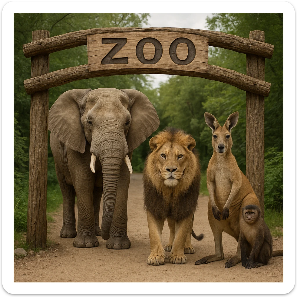 natural wooden archway labeled 'zoo', lifelike elephant, lion, kangaroo, and monkey standing at the entrance, avoid any AI or synthetic look sticker