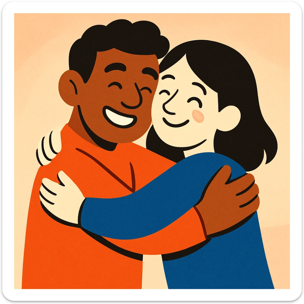 friendly illustration of a brown-skinned man and a white-skinned woman with black hair hugging, soft background sticker