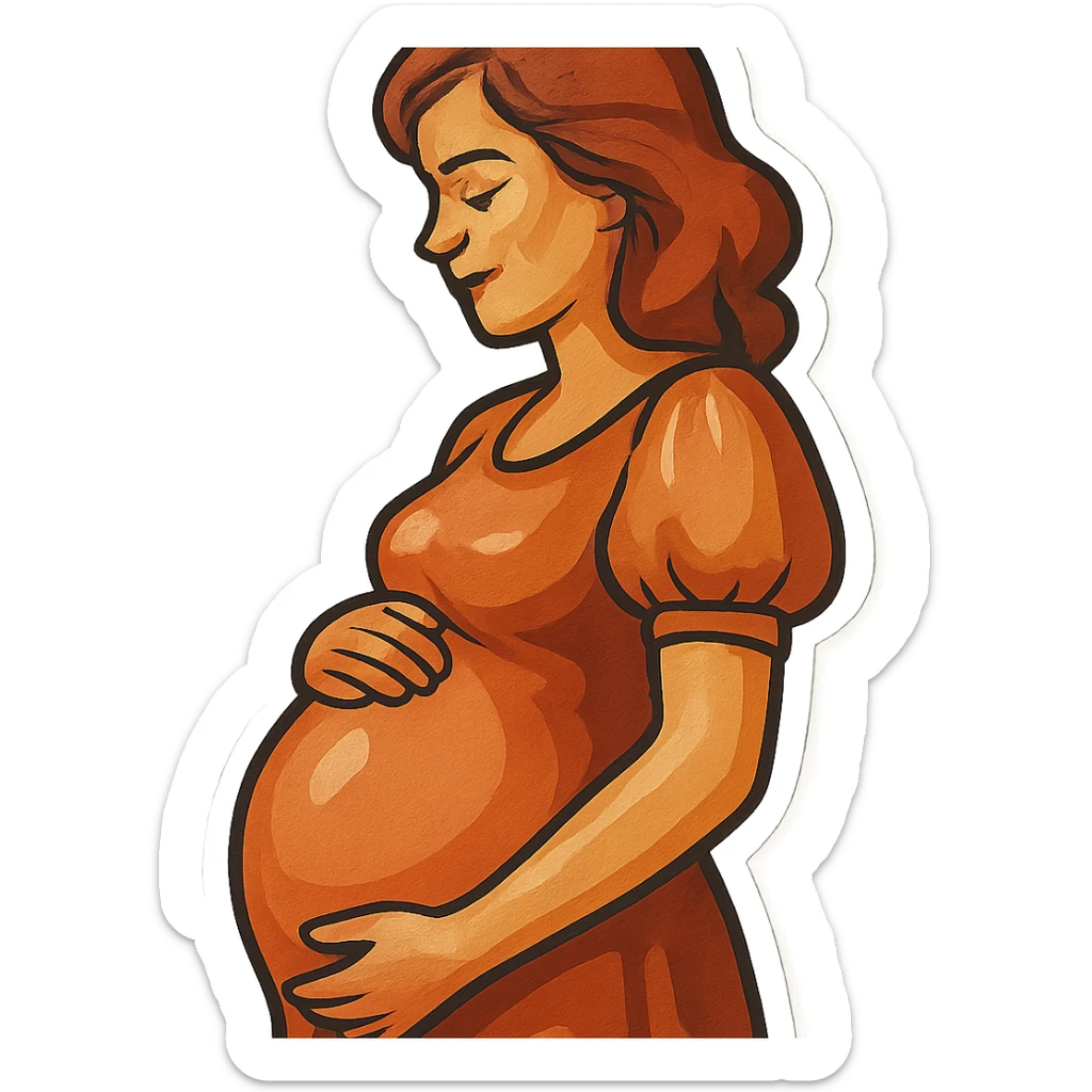 pregnant woman half-length portrait, standing sideways, holding belly, face and head fully in frame, retro stickers style, soft rounded shapes, expressive contours, vintage color palette, light paper texture, shadows and highlights, transparent background, dress with puff sleeves sticker