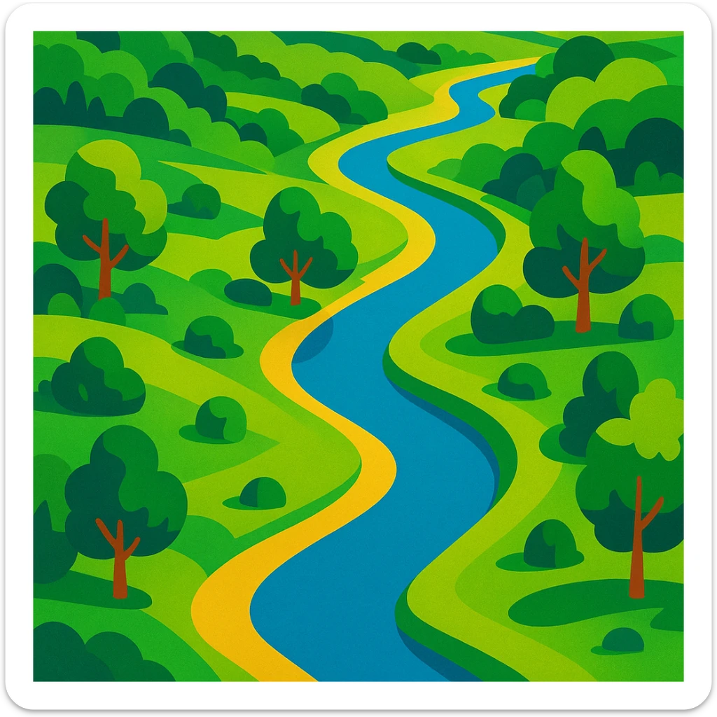aerial view of a nature landscape with a winding river, lush greenery, and trees, vibrant illustration style sticker