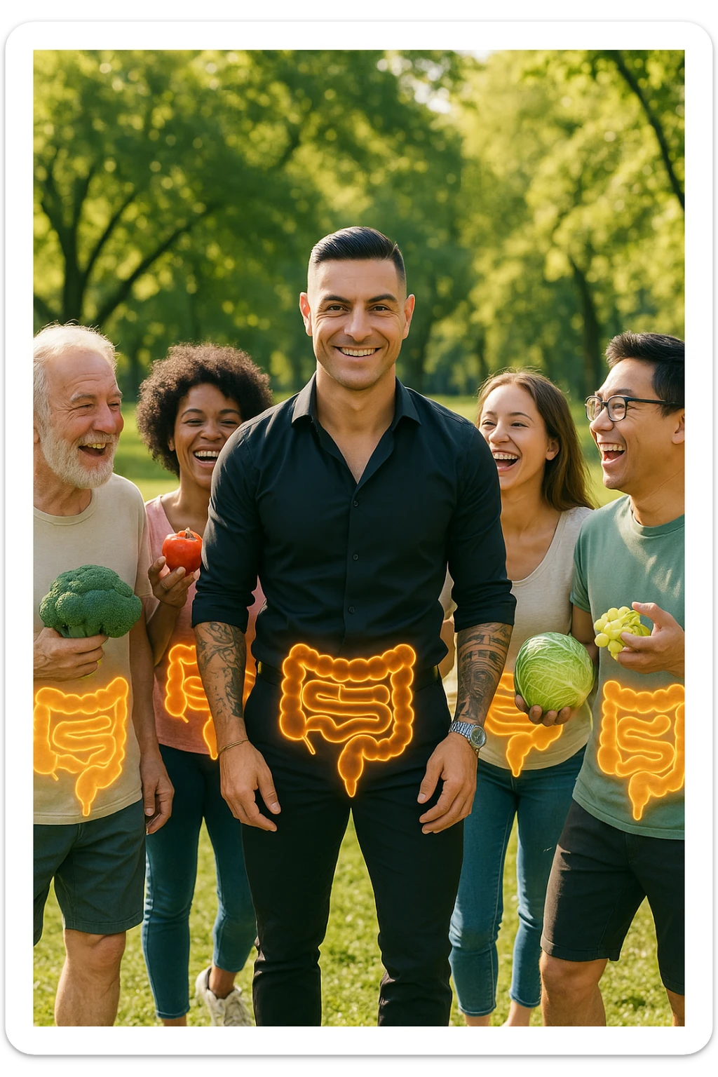  a smiling man stands at the center of a group of diverse, happy people in a bright park. Everyone has a subtle, glowing outline around their abdominal area, symbolizing a healthy gut. The group is laughing, sharing fresh fruits and vegetables, and the atmosphere is vibrant and full of energy. sticker