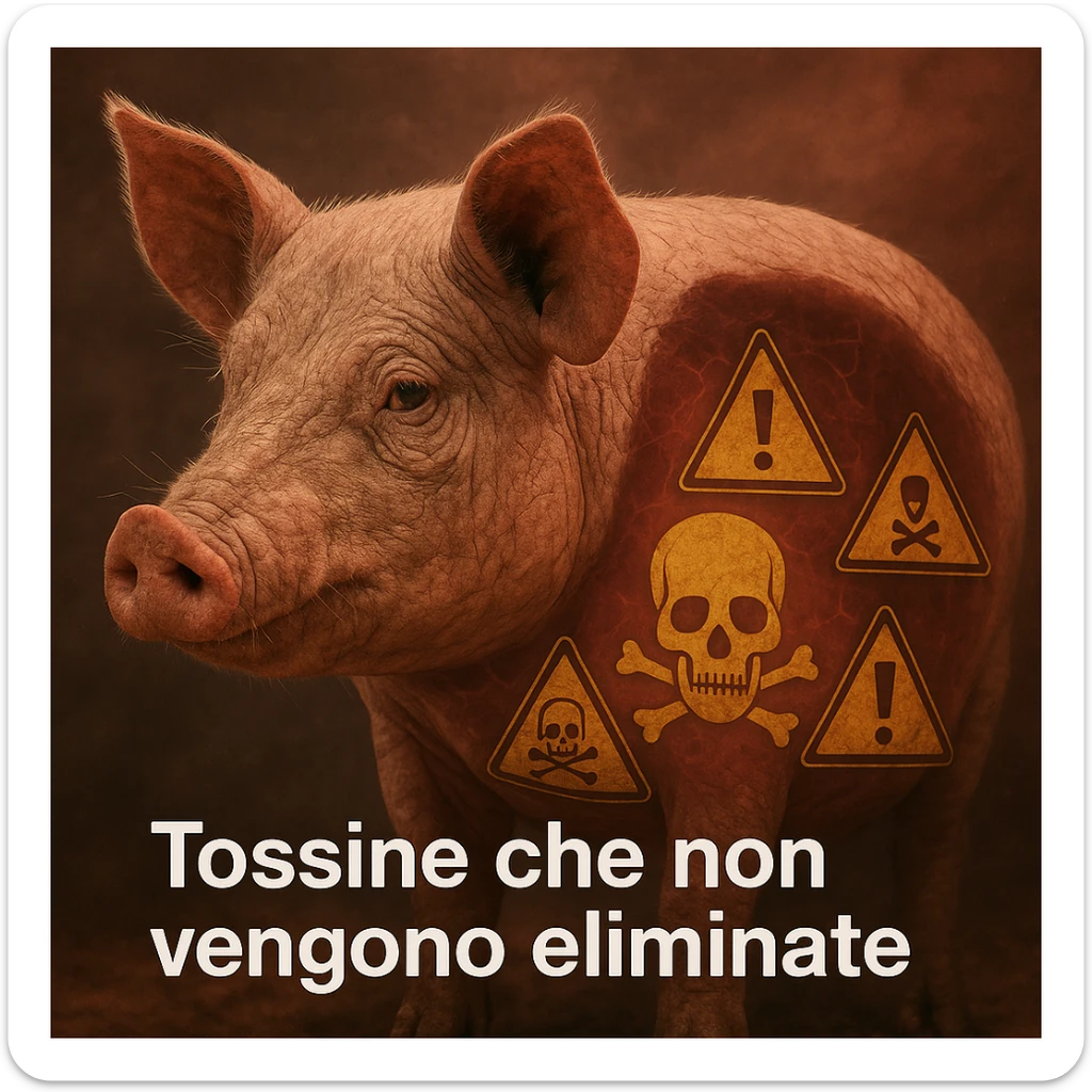 close-up of a pig with dry skin, toxin and poison symbols inside the body, health alert atmosphere, Italian text: 'Tossine che non vengono eliminate', 4K quality sticker