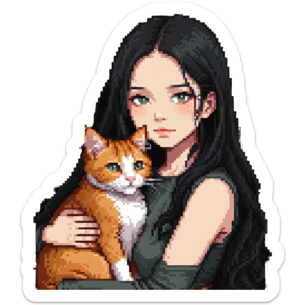 Beautiful girl with long black hair hugs a ginger cat sticker