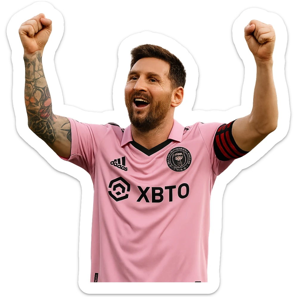 Lionel Messi in a Miami soccer kit, realistic style, celebrating a goal, arms raised, pink and black jersey, no background sticker