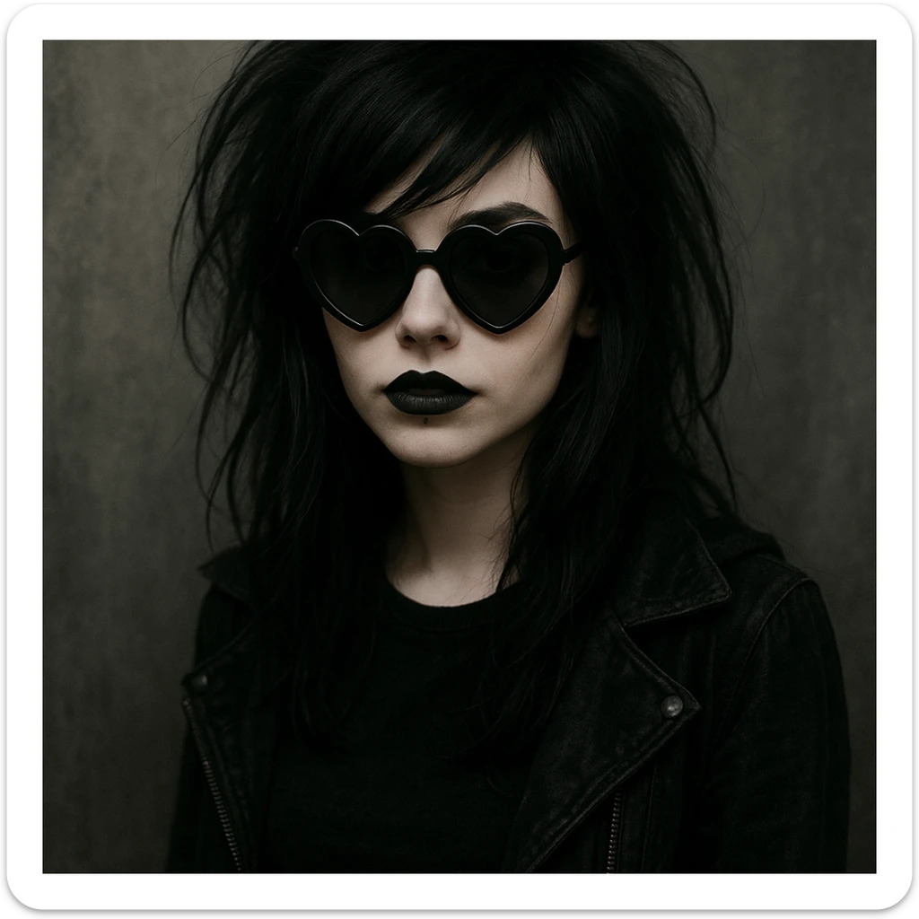emo girl with heart-shaped sunglasses, dark hair, mysterious vibe sticker