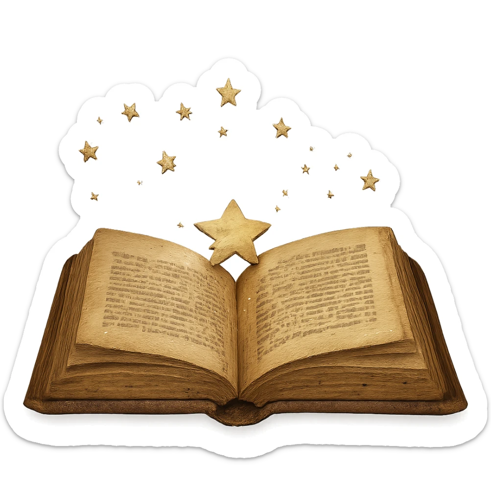 Make the open yellow book with sparkles look old and worn, with a faded cover and vintage details, keeping the background transparent. sticker