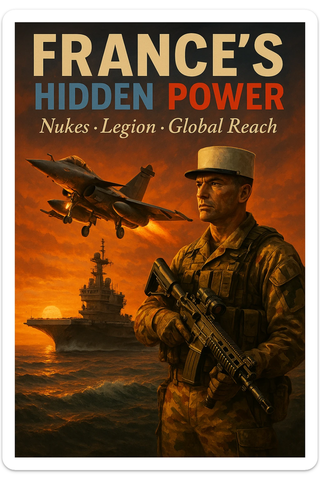 Cinematic dusk scene of a Rafale jet launching from Charles de Gaulle carrier with an orange sunset. Foreground shows a Legionnaire in desert camouflage holding an advanced rifle. Bold tricolor headline: 'FRANCE’S HIDDEN POWER'. Subtext: 'Nukes • Legion • Global Reach'. 8K, epic style. sticker