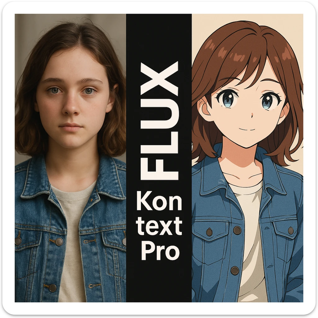 create before after image of a girl before is realsitic photo, after is anime version of her in same pose and clothes, add logo with text of a "FLUX Kontext Pro" in middle in big, black background sticker