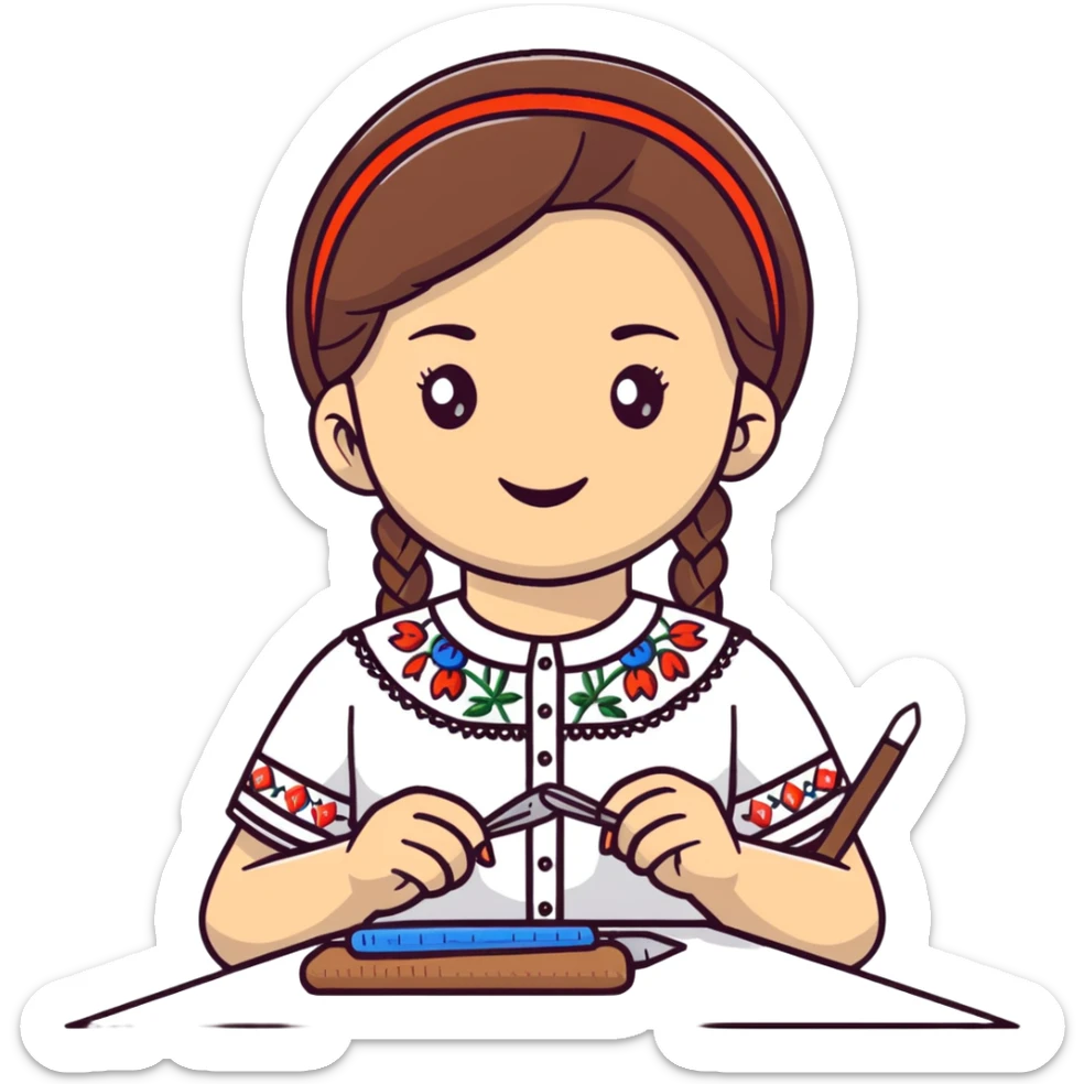 Ukrainian young girl wearing a white traditional embroidered shirt (vyshyvanka) smiling and holding sewing tools sticker