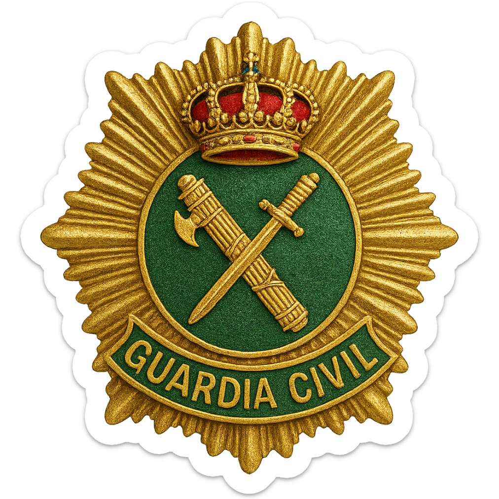 Guardia Civil badge, Spanish police emblem, gold and green, detailed, no background sticker