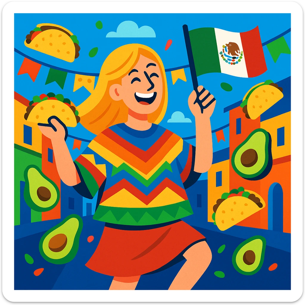 festive Cinco de Mayo cartoon of a tall blonde woman, smiling, wearing a colorful poncho, holding a taco and an avocado, waving a Mexico flag, dancing in the street, surrounded by tacos and avocados, lively street party background, bright and bold colors sticker