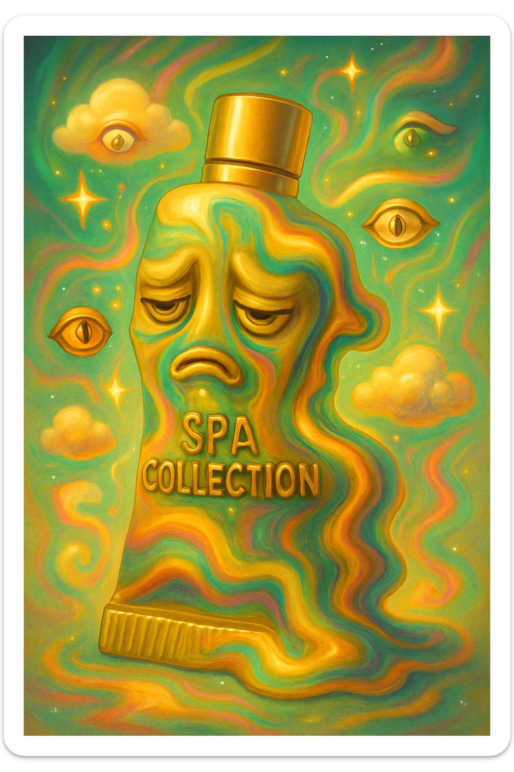 Enhance the surreal emoji by exaggerating the tube's curves, adding floating eyes, swirling colors, and melting shapes. Surround it with surreal elements like tiny clouds, stars, and a whimsical aura. Maintain the golden-beige color as a base but push the surrealism further, creating a dreamlike and abstract atmosphere. sticker