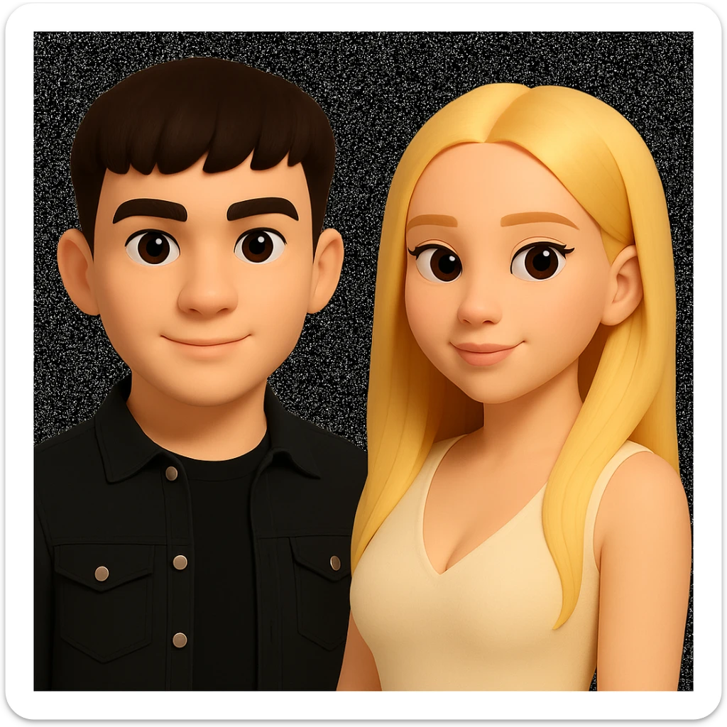 Slightly increase the volume of the upper body of the girl, separate the girl and the boy from each other, and make the skin color the same for both characters. Maintain the cartoonish 3D style as in the reference image. sticker