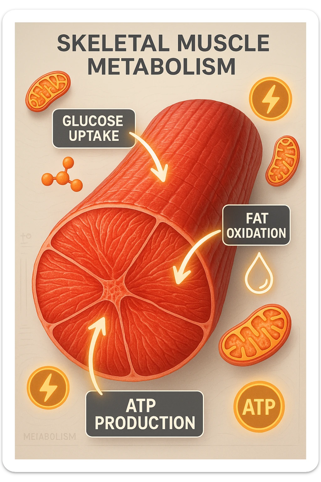 a highly detailed cross-section of human skeletal muscle fibers, shown in vibrant red and pink tones, with visible striations and realistic texture. Glowing arrows and animated icons represent active metabolic processes—such as glucose uptake, fat oxidation, and ATP production—occurring within the muscle tissue. Surrounding the muscle, floating symbols for mitochondria and energy highlight its metabolic activity. The background is clean and clinical, with subtle labels and infographics explaining that muscle is a metabolically active tissue. The overall style is modern, scientific, and visually engaging, suitable for educational or medical use. sticker