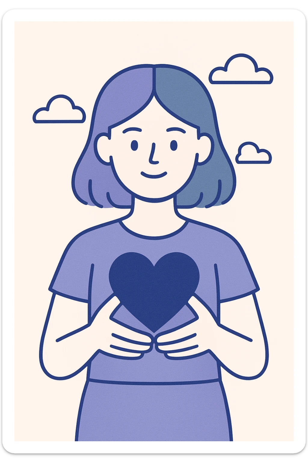 girl with half purple half green hair holding a heart, minimal flat design sticker