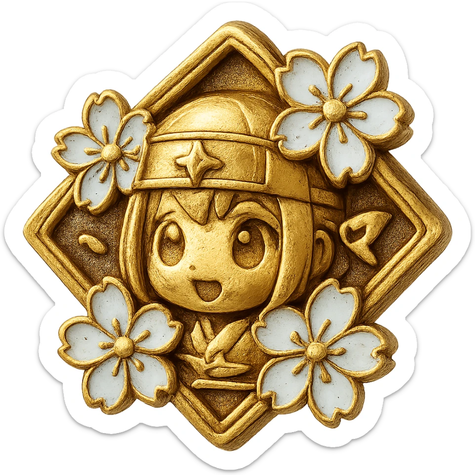 Japanese style badge in diamond color (icy blue/white), traditional crest shape, sakura (cherry blossom) accents, chibi/anime-inspired playful vibe, ninja star accent, no text, sized for Twitch or Discord use, transparent background. sticker
