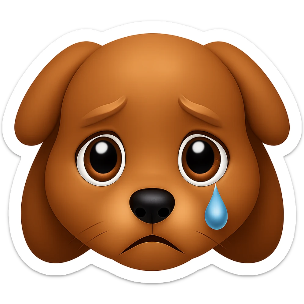 Create an emoji style image of a dog with an even sadder look, larger shiny eyes with a tear in one eye, and an expression full of sadness. The background should be transparent. The style should resemble apple style emojis with concise details. sticker
