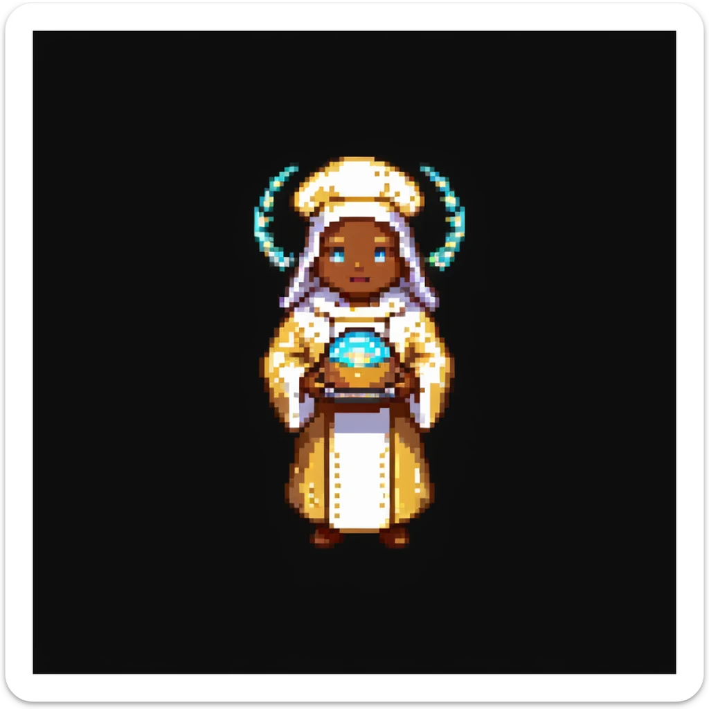 Portrait of a radiant baker with a glowing halo, golden robes, and a cookie-shaped aura, skeuomorphism style sticker