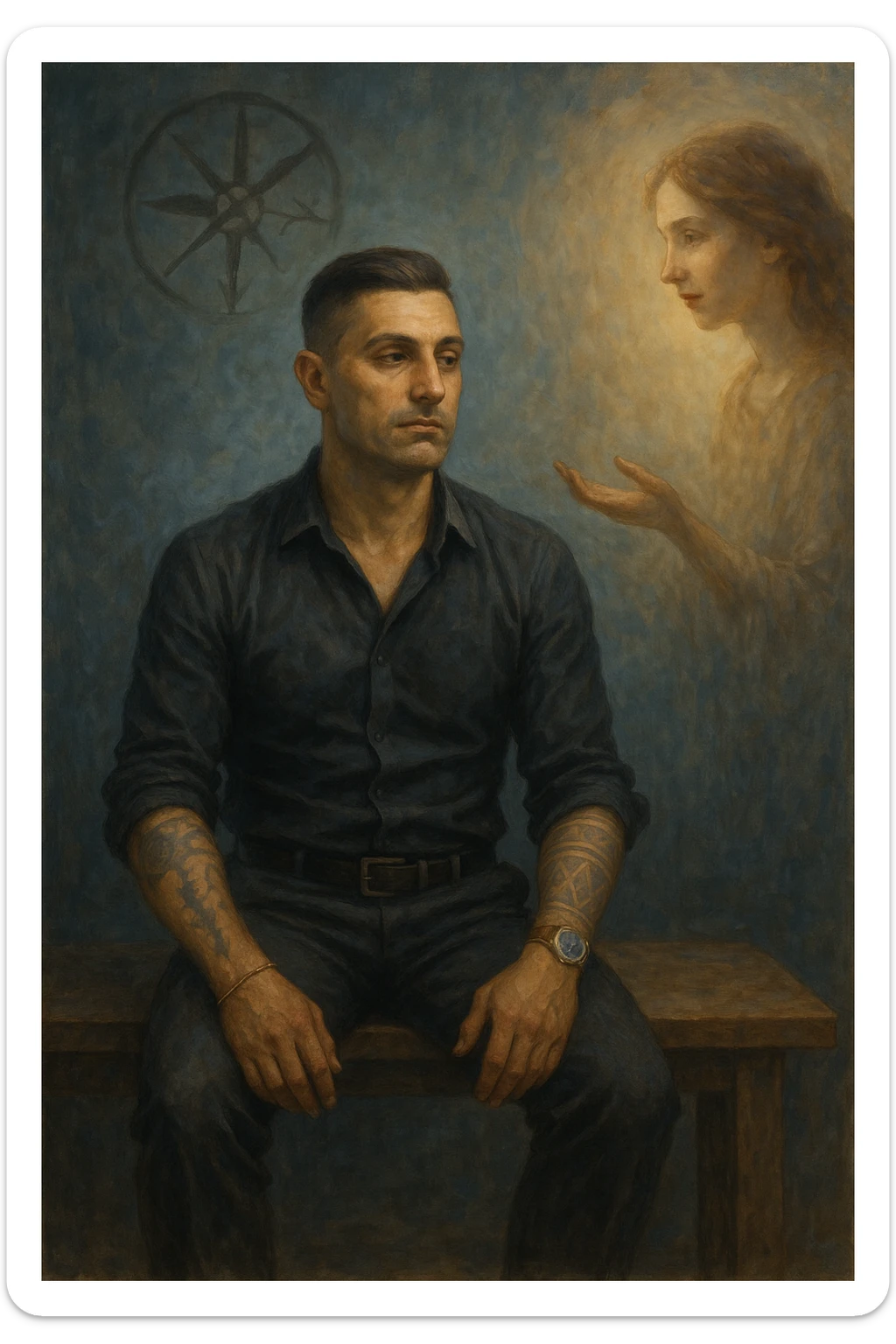 Uomo tra i 35 e i 45 anni seduto su una panchina o in una stanza tranquilla, sguardo rilassato ma spento, come sollevato nel mentale ma svuotato nello spirito. Davanti a lui una donna lo guarda con dolcezza, mano tesa come per offrire una soluzione. L’ambiente attorno all’uomo è grigio-bluastro, con la sua aura maschile che si dissolve leggermente, mentre intorno alla donna una luce calda e stabile. Sullo sfondo, un simbolo spezzato di bussola o direzione, a indicare la perdita di leadership interiore. Atmosfera riflessiva, stile realistico con simbolismi delicati sticker