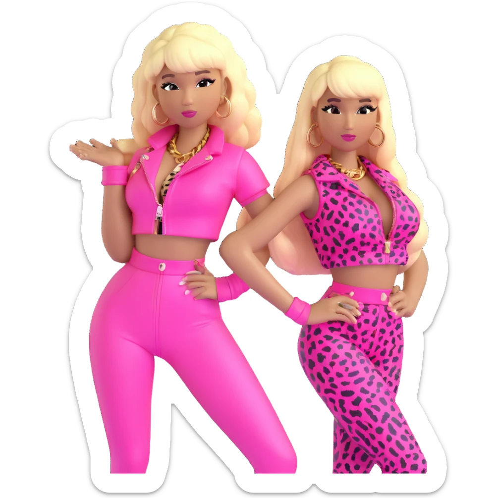 Nicki Minaj wearing pink and white leopard print Super Bass outfit with bangs and split-dyed hair blonde on left side pink on right side sticker
