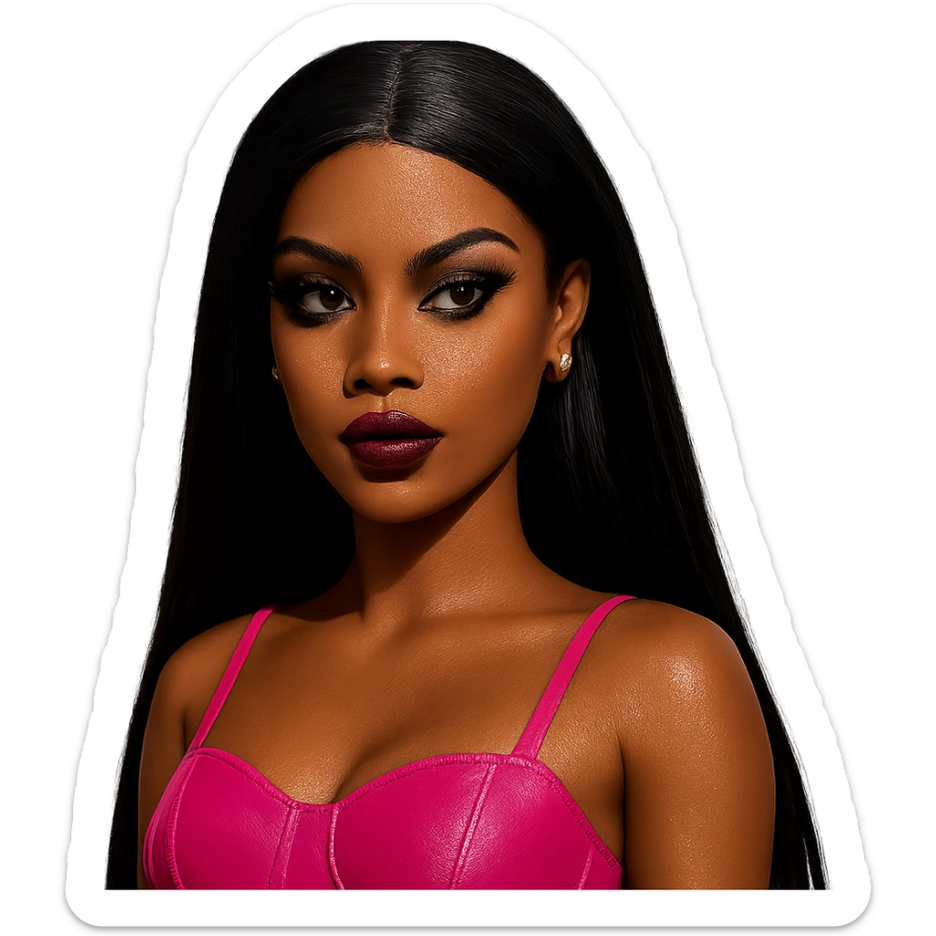 fashionable Barbie baddie, brown skin, straight black hair, dramatic makeup, dark brown eyes, gold stud earrings sticker