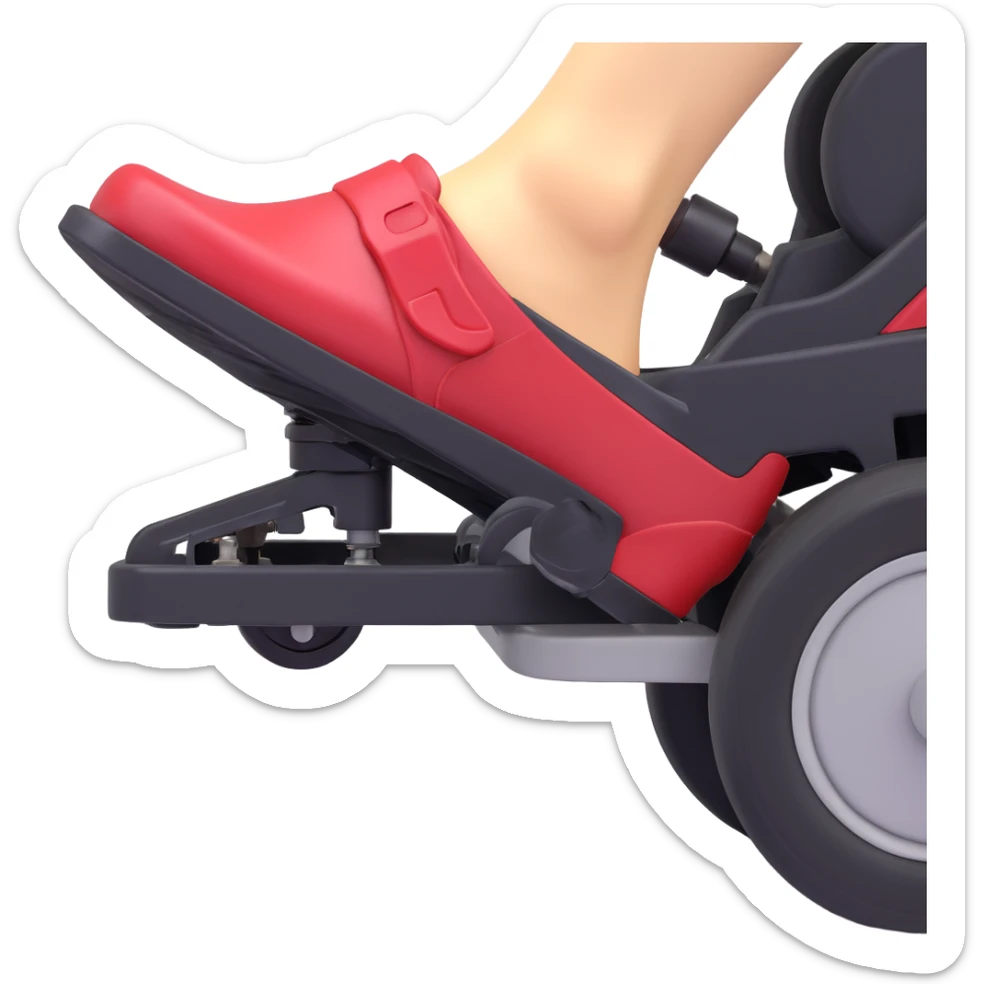 A clean 3D emoji-style illustration of a single right foot pressing down on gas pedal. Only the foot and the pedal are shown, viewed from the side. The pedal is slightly tilted to show pressure. No background, simple colors, minimal details sticker