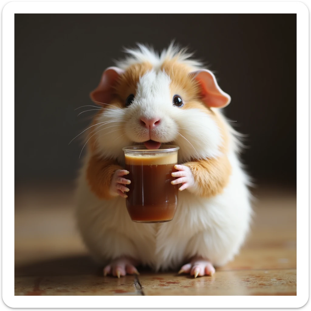 a fluffy guinea pig holding a cup of boba, realistic lighting and textures, photorealistic style sticker