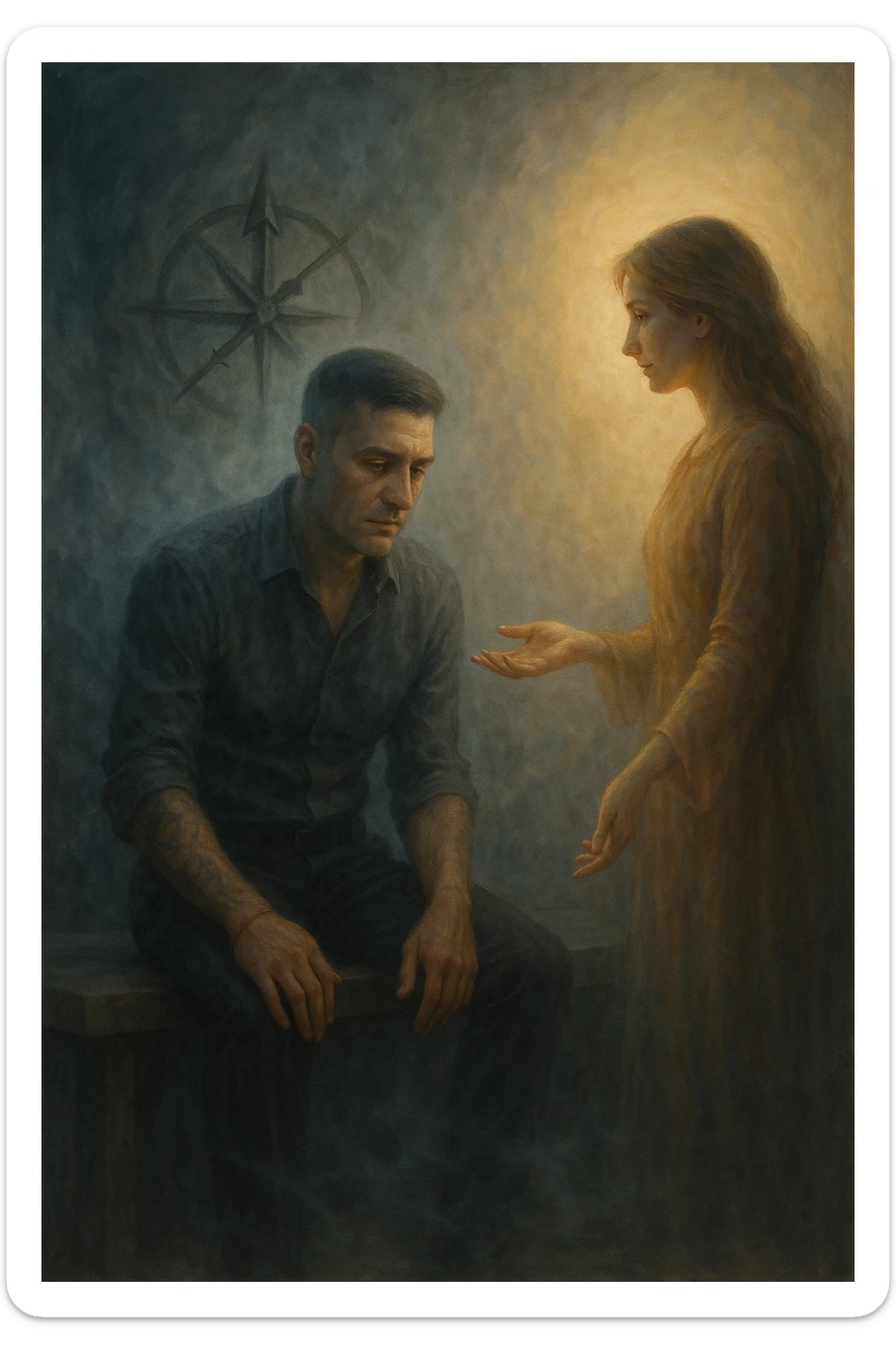 Uomo tra i 35 e i 45 anni seduto su una panchina o in una stanza tranquilla, sguardo rilassato ma spento, come sollevato nel mentale ma svuotato nello spirito. Davanti a lui una donna lo guarda con dolcezza, mano tesa come per offrire una soluzione. L’ambiente attorno all’uomo è grigio-bluastro, con la sua aura maschile che si dissolve leggermente, mentre intorno alla donna una luce calda e stabile. Sullo sfondo, un simbolo spezzato di bussola o direzione, a indicare la perdita di leadership interiore. Atmosfera riflessiva, stile realistico con simbolismi delicati sticker