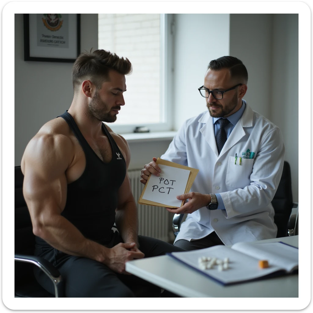 realistic scene of male bodybuilder in sportswear sitting in a medical office, doctor in white coat showing a folder with 'PCT' written on it, post cycle therapy drugs on the table, professional and realistic atmosphere sticker