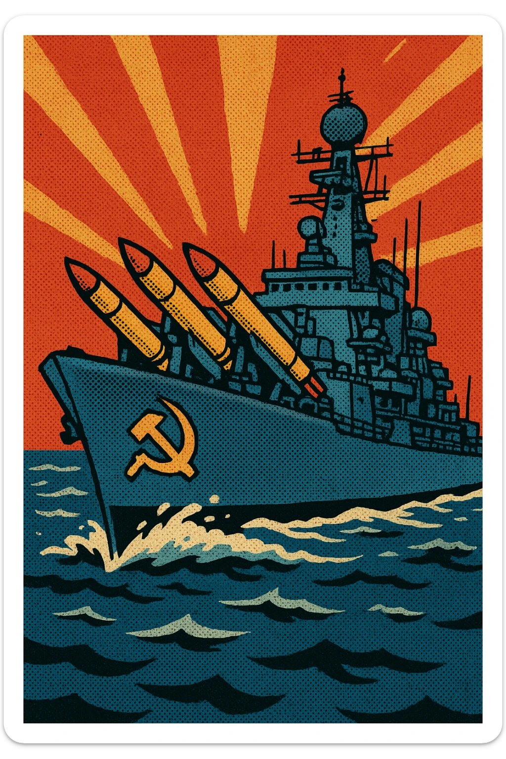 A 1960s Russia war ship carrying nuclear missiles.  The warship has the communist party logo on the side. sticker