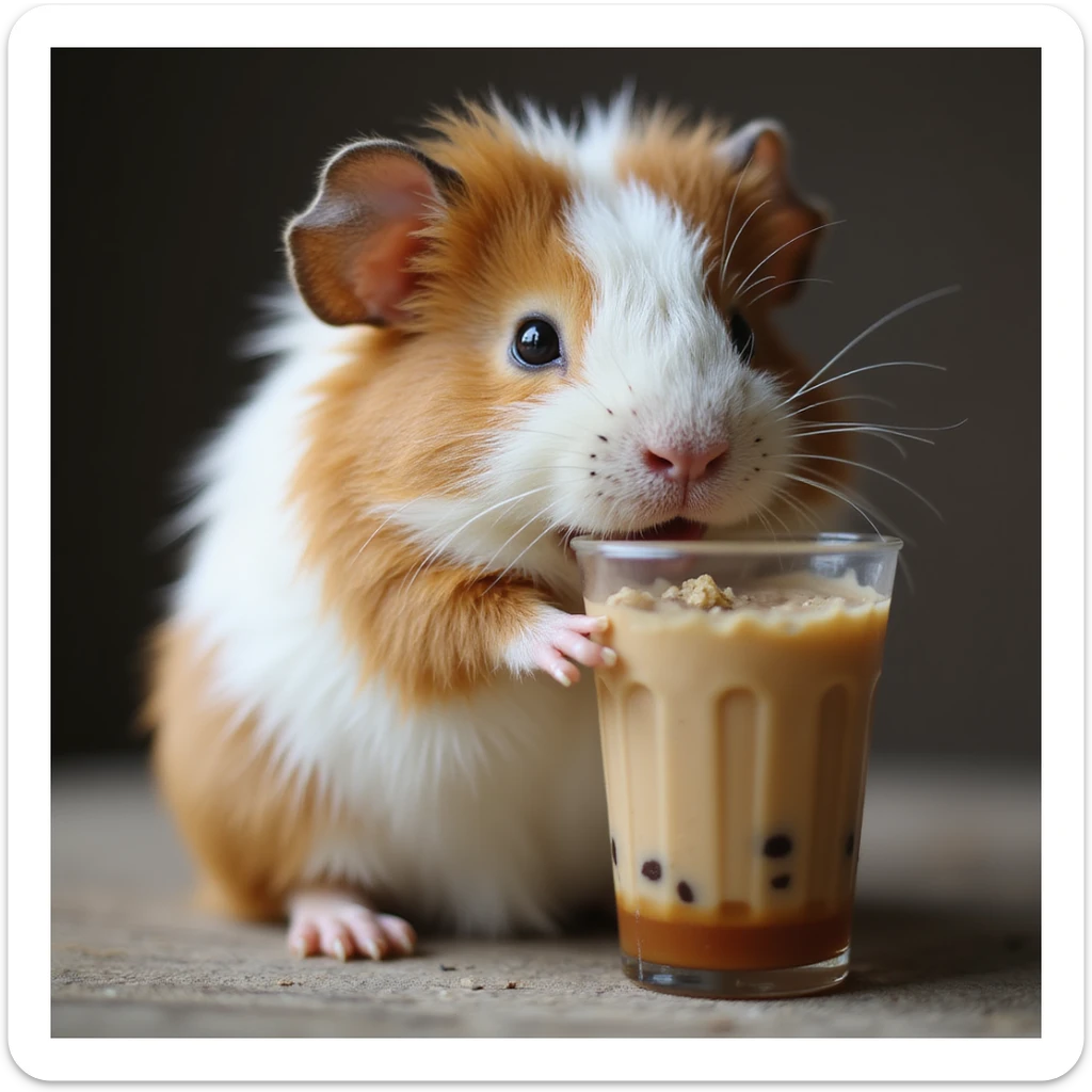 a realistic guinea pig enjoying boba tea, detailed fur, natural colors, photorealistic style sticker