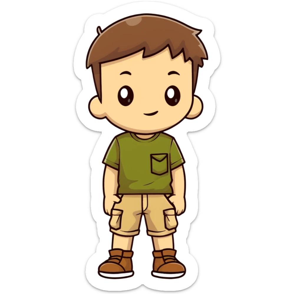 boy wearing an olive-green shirt over a brown T-shirt with beige cargo shorts sticker