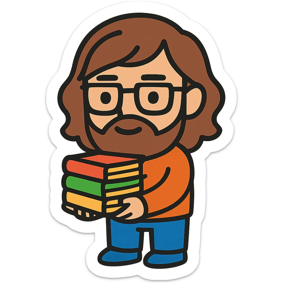 Add long hair and a beard to the nerd with books, keeping the original style and transparent background. sticker