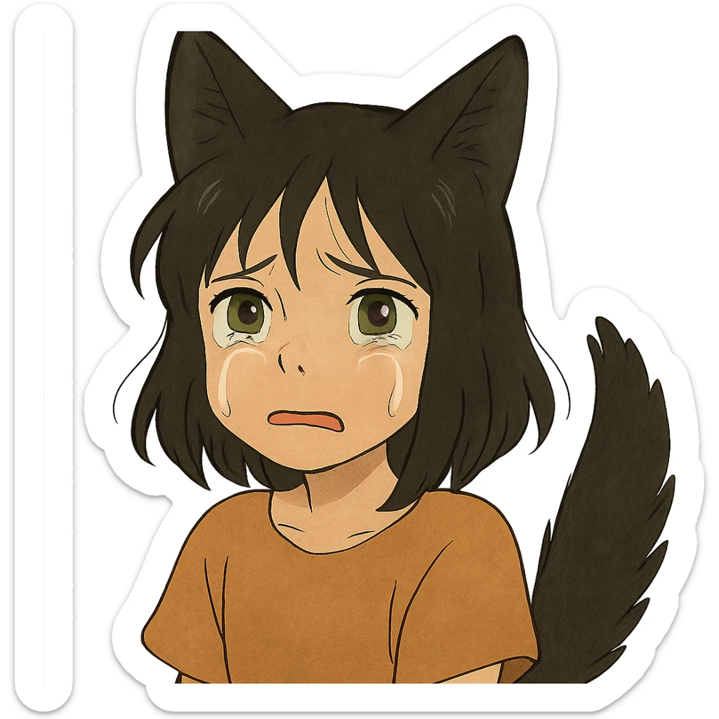 A girl with tears, black fox ears, and a tail, green eyes, dark hair sticker