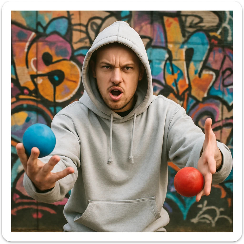 A white rapper in a hoodie holding a blue ball in one hand and a red ball in the other, urban style, expressive pose sticker