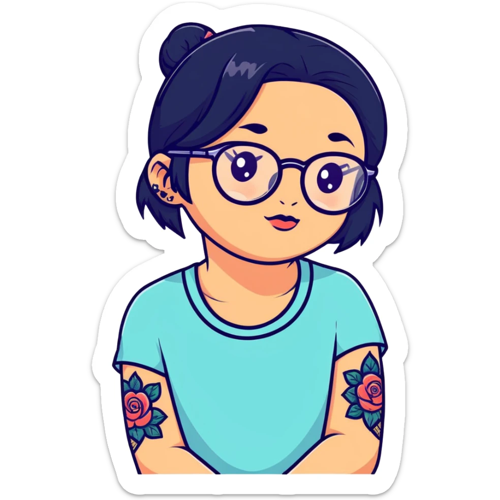 young girl with face tattoos wearing glasses and black hair sticker