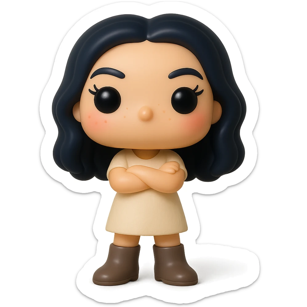 Enhance the Funko Pop style vinyl figure with superior quality, smooth tanned skin, detailed dark hair, textured feminine cream dress, greige leather boots clearly visible, arms crossed pose, rosy cheeks, very discreet freckles, eyelashes, mischievous and cheerful expression, no mouth, transparent background. sticker
