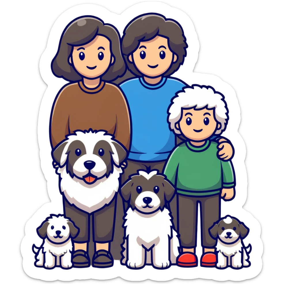A family with mom, dad, three sons, and an Old English Sheepdog sticker